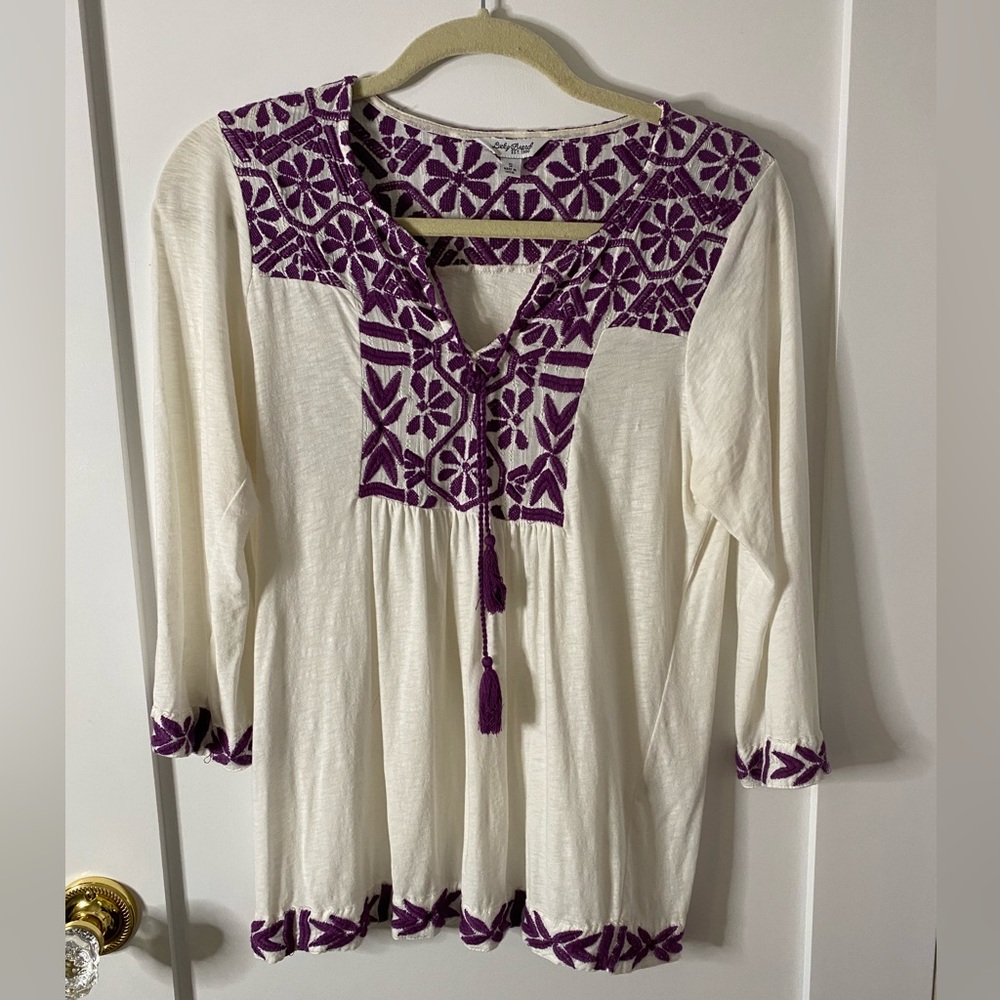 Lucky Brand purple & white bohemian style shirt. Size Small